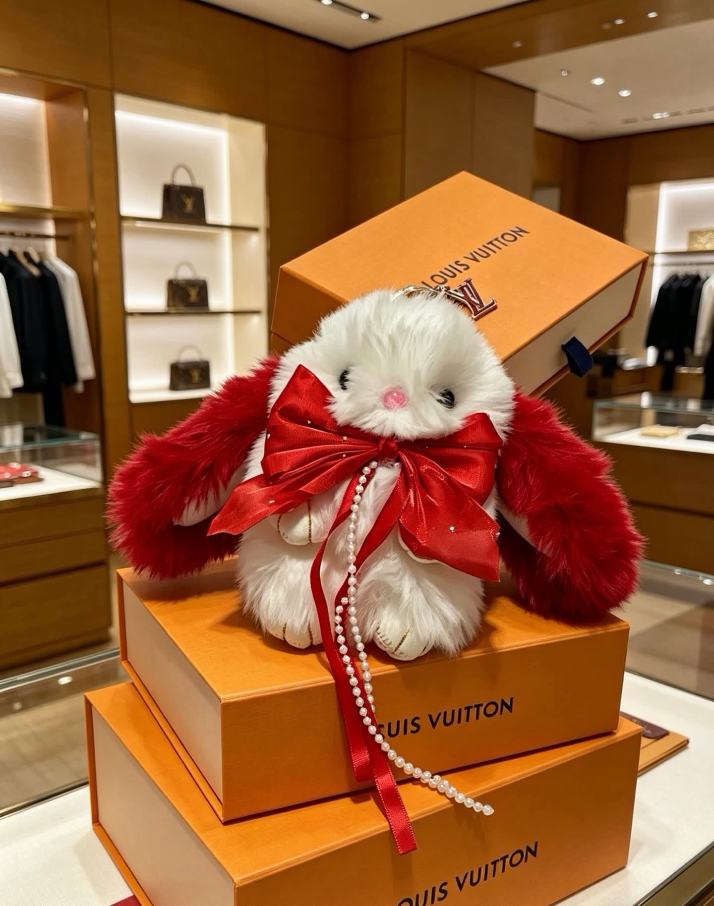 Louis Vuitton Luxury White Rabbit Keychain with Pearls and Ribbons
